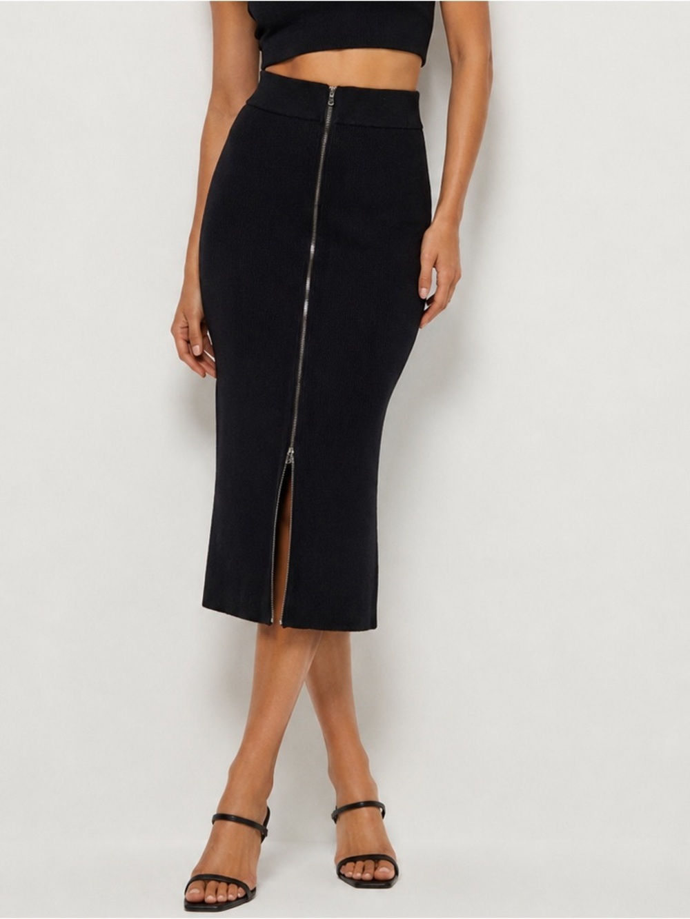 Ann Taylor Black High-Waist Zip-Front Midi Skirt